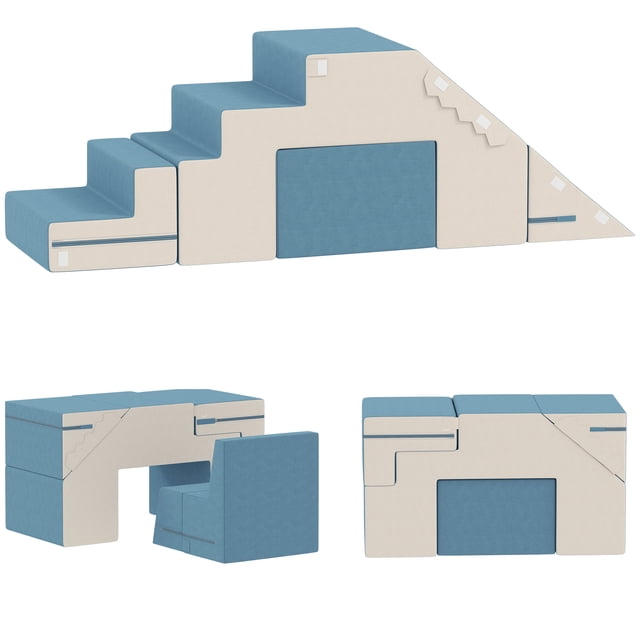 Qaba Blocs d'Escalade en Mousse pour Tout-Petits, Ensemble de 2 Pcs en Mousse Souple pour le Jeu en Bleu et beige. Conçu pour les Âges de 0,5 à 3 Ans, Ce gym d'Activités Comprend des Blocs en Mousse PU à Haute Densité avec une Housse en Velours Doux. Configurable comme Ensemble de Glissade, table Ou Chaise, Il Encourage le Développement des Habiletés Sensorielles et Motrices. Léger, Pliable et Facile à Nettoyer avec des Housses Amovibles Lavables à la Machine.