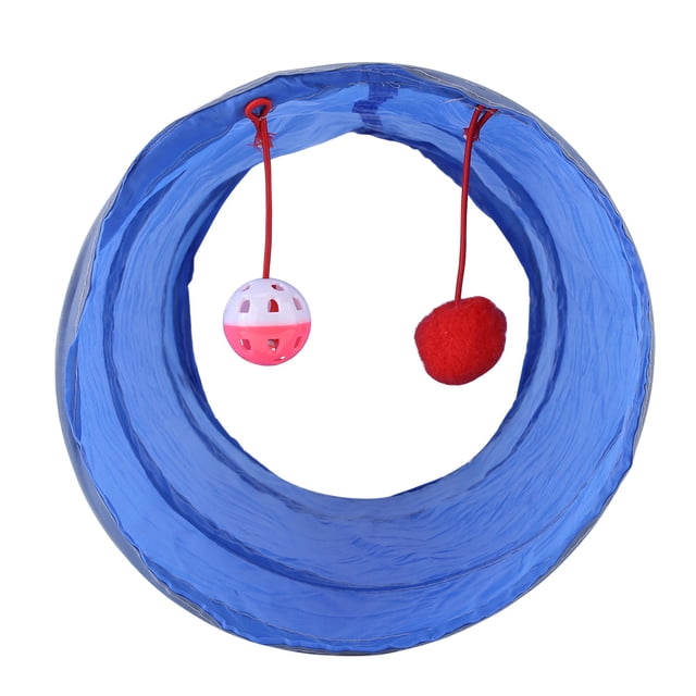 Jouet Tunnel pour Chat, Jouet pour Chaton Pliable et Interactif en Matériau polyester Sûr et Écoresponsable Bleu. Doté d'Un support en Acier Robuste et Comprend Deux Jouets Suspendus : une Balle en Peluche Rouge et un Clochette Blanc. Format Compact d'Environ 47 x 25 cm, Idéal pour une Utilisation Intérieure et un Rangement Pratique.