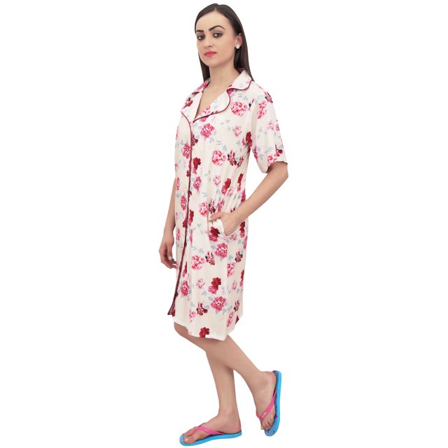 Bimba Chemise de Nuit Femme à Imprimé Floral Pêche Manches Courtes avec Poches - 10