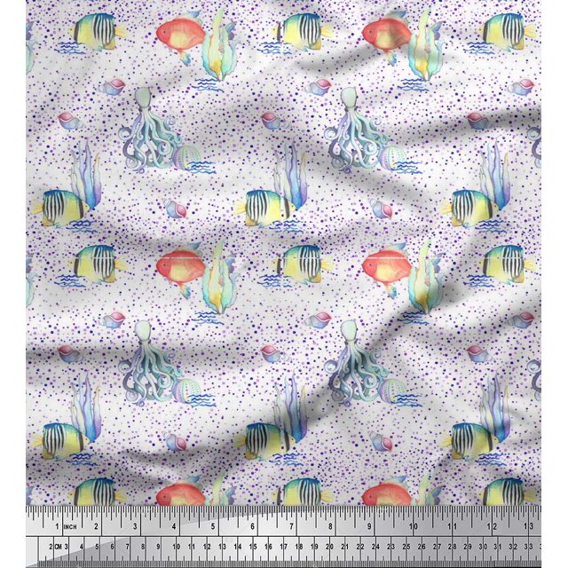 Soimoi Purple Heavy Canvas Fabric Fish & Octopus Ocean Fabric Prints By Yard 58 Inch Wide