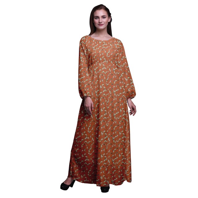 Bimba Robe Maxi à Manches Longues pour Femmes en Georgette Mousse à Imprimé Floral de Roses et de Renoncules, Taille Élastique - X-Grand