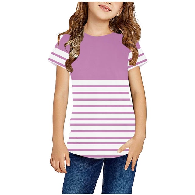 Zwiiyzr T-Shirt Rayé 2025 pour Enfants Col Rond Manches Courtes pour Garçons Filles Rose-5-6 Ans
