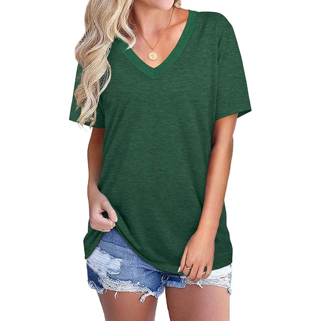 Nouveau T-Shirt Décontracté Col en V pour Femmes Manches Courtes Haut Ample Blouse Patchwork