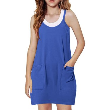 lcziwo Girls Tennis Dress Workout Mini Dress with Shorts Sleeveless Spaghetti Straps Golf Athletic Dresses Solid Color Casual Pocket Sundress Blue Ofertas Del Dia de Hoy Relampago