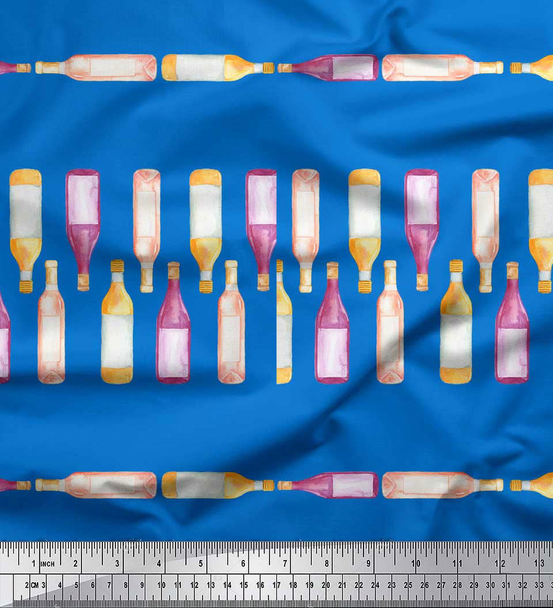 Soimoi Blue Silk Fabric Bottle Bar Decor Fabric Printed Yard 44 Inch Wide