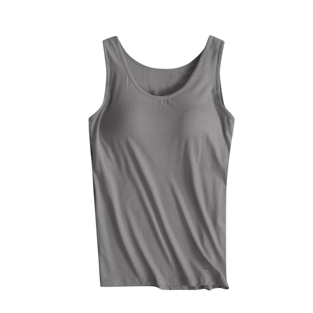 FAIWAD Built-in-Bra Tanks Tops for Womens Sleeveless Round Neck Wide Strap Basic Stretch Crop Tops