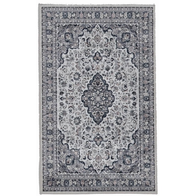 Emerald Paulson Cream & Blue 2'2" x 3'2" accent rug with low pile polyester featuring a traditional cream and grey floral medallion pattern, intricate border, serged edges, and a felt back with rubber grips, suitable for doorways and kitchen areas.