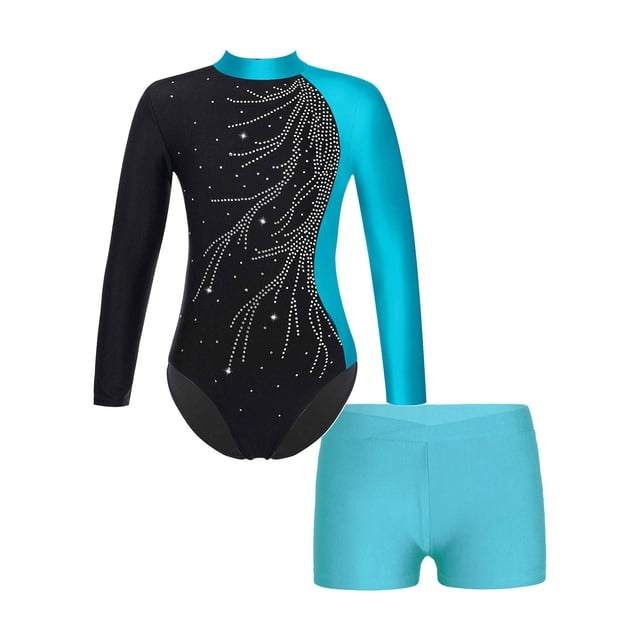 renvena Girls Gymnastics Leotards and Shorts Set Rhinestone Long Sleeve Ballet Unitard Biketards Blue Green 14