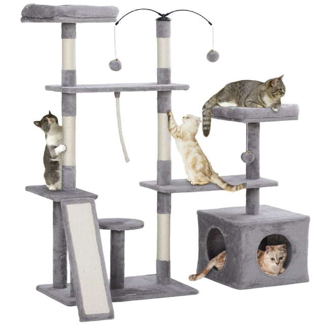 PawHut 53" Cat Tree Tower in light grey featuring multiple platforms, scratching posts, a ramp, a private condo, and two cozy beds. Includes interactive toys like hanging balls and a teasing rope. Made from particleboard, plush, and sisal, suitable for cats under 10 lbs. Cats are shown climbing, scratching, and resting on the tree.