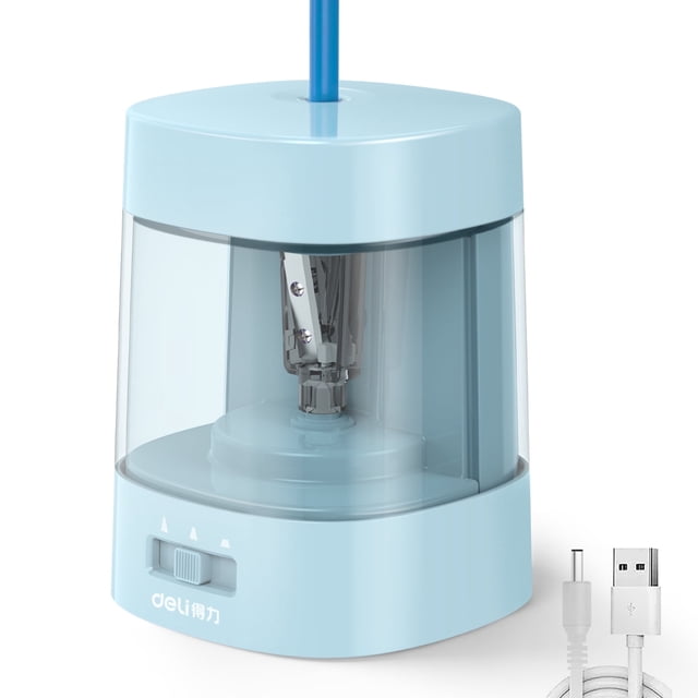 Deli Electric Pencil Sharpener in blue, designed for No.2 and colored pencils with a sharpening range of 6-8 mm. Features a compact, lightweight design with a transparent shaving box for easy cleaning. Includes USB compatibility and battery operation for portability. Adjustable sharpening modes for fine, medium, and broad tips. Shown with a USB cable and a pencil inserted.