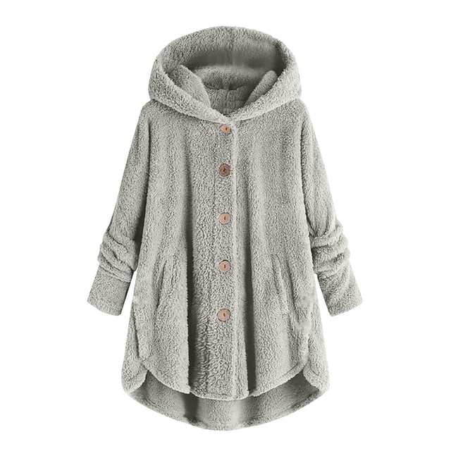 WRKEKC Women's Plus Size Hooded Cardigan Long Sleeve Button Front Plush Wool Blend Winter Coat