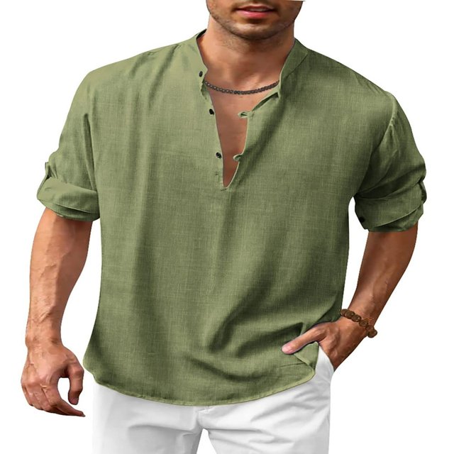 Men‘s Henley Shirt Solid Color Long Sleeve Stand Collar Button-Down Loose Simple Linen Beach Tops