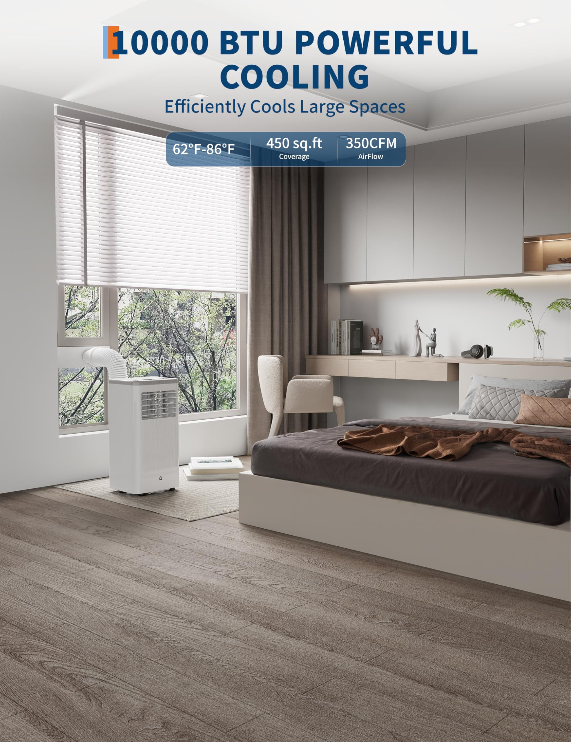 Powerful 10,000 BTU Portable Air Conditioner - 3-in-1 Cooling, Dehumidifier & Fan - Quiet Operation, Remote, LED Display, 24H Timer, Window Kit - Cools up to 560 Sq.Ft - Home, Bedroom, Office