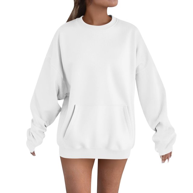Breezora Chandail à Capuchon à Poche Surdimensionné pour Femmes, Col Rond, Chandail Décontracté Confortable, Taille P, Blanc