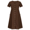 thumbnail image 2 of QUYUON Robe en Lin Femme Été Décontractée Col en V Manches Courtes Chemise Boutonnée Robes Invitée de Mariage Cocktail Fête Robe Trapèze Mini avec Poches Robe de Plage Soleil Style D-3425 Café m, 2 of 8