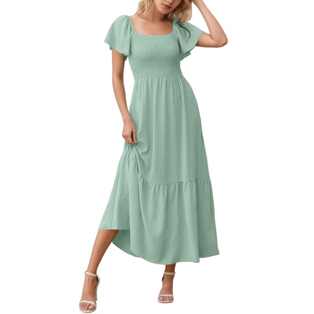 Robes Maxi pour Femmes à Encolure Carrée, Manches Volantées, Robe Smockée avec Poches