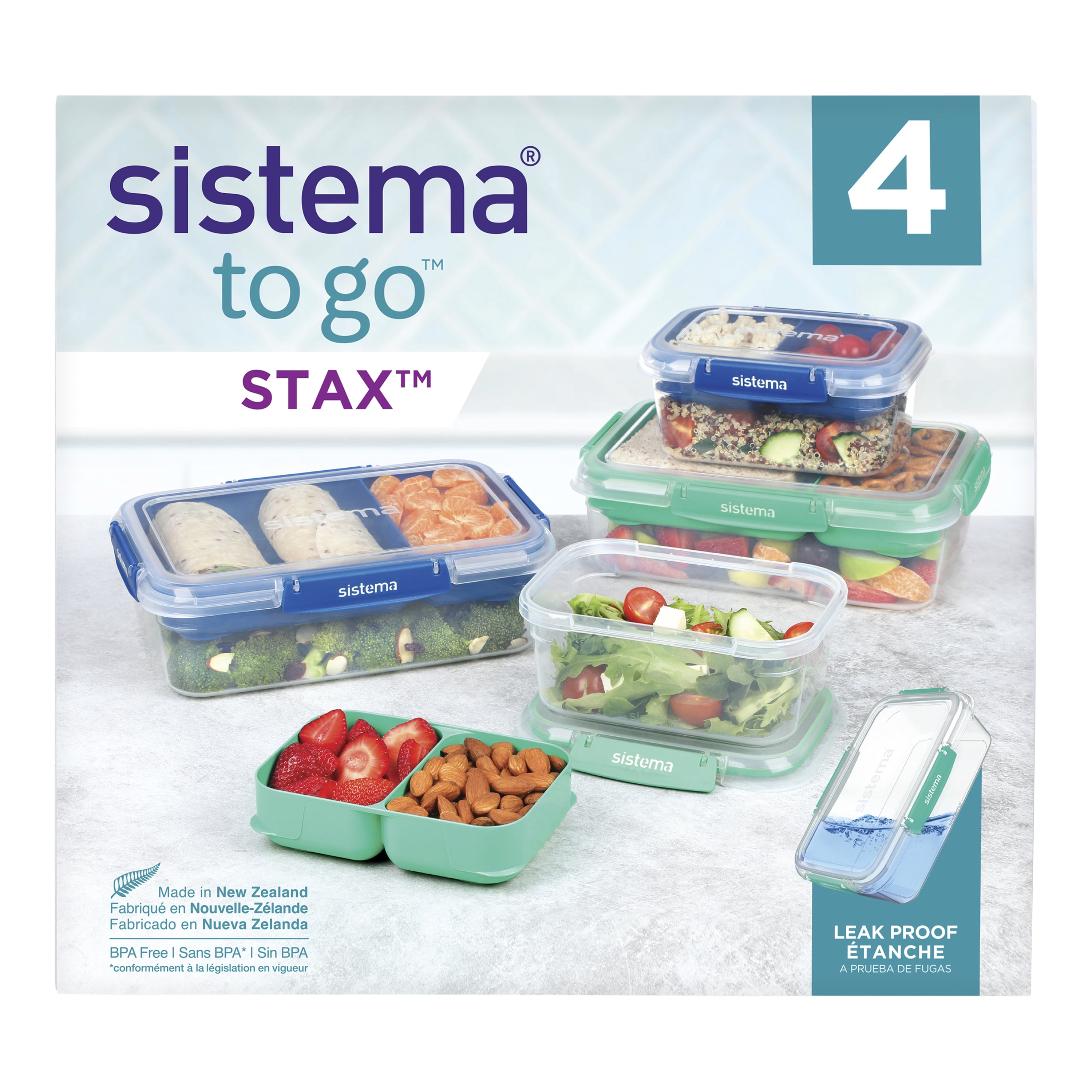 Sistema To Go Stax Leakproof Food Storage Containers, 2 x 1 L & 2 x 2.2 L, Airtight, Stackable, Easy Locking Clips, BPA-Free, Blue & Teal (Colour Not Selectable)