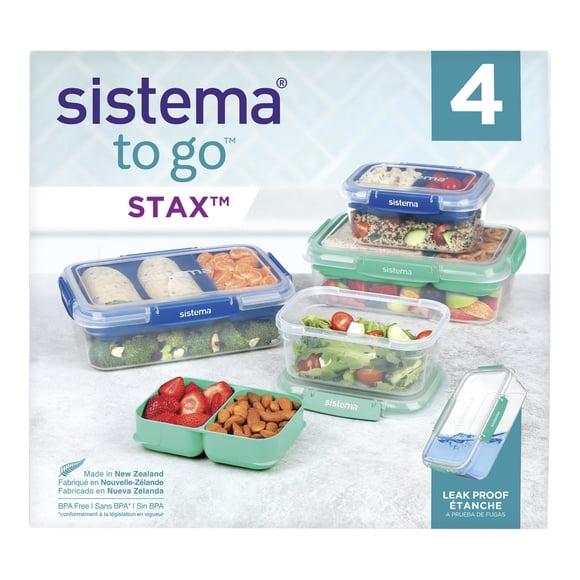 Sistema To Go Stax Leakproof Food Storage Containers, 2 x 1 L & 2 x 2.2 L, Airtight, Stackable, Easy Locking Clips, BPA-Free, Blue & Teal (Colour Not Selectable)