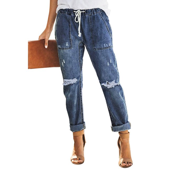 Joggeur en Denim Bleu Foncé pour Femmes avec Poches, Rond et Froncé