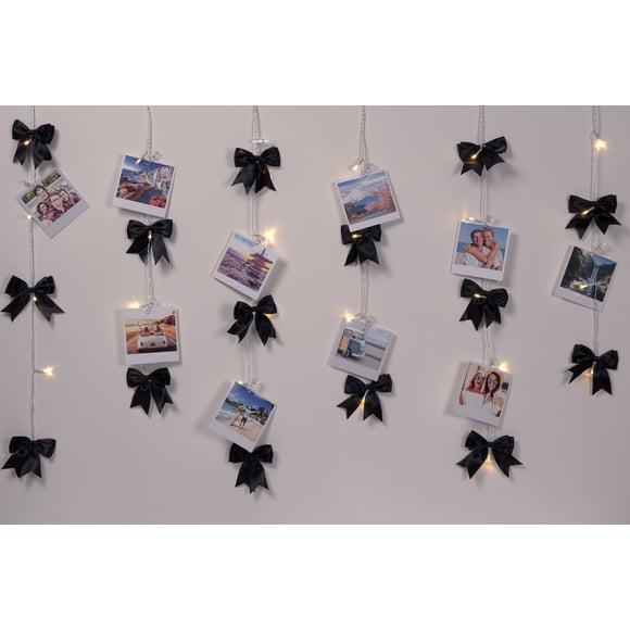 Merkury Innovations 3.5 ft. W x 2.5 ft. Height Black Satin Bow Warm White LED Curtain Lights with Photo Clips, Battery Operated, 1-pack