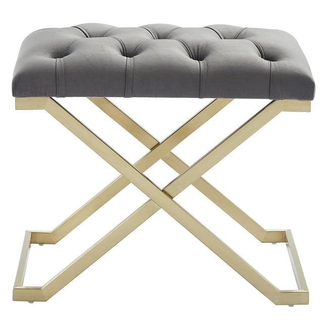 Contemporary Velvet & Stainless Steel Bench in Grey & Gold with a firm grey velvet cushion featuring diamond-patterned button tufting, supported by a brushed gold stainless steel X-shaped base, ideal for entryway or bedroom seating and often used as a vanity stool.