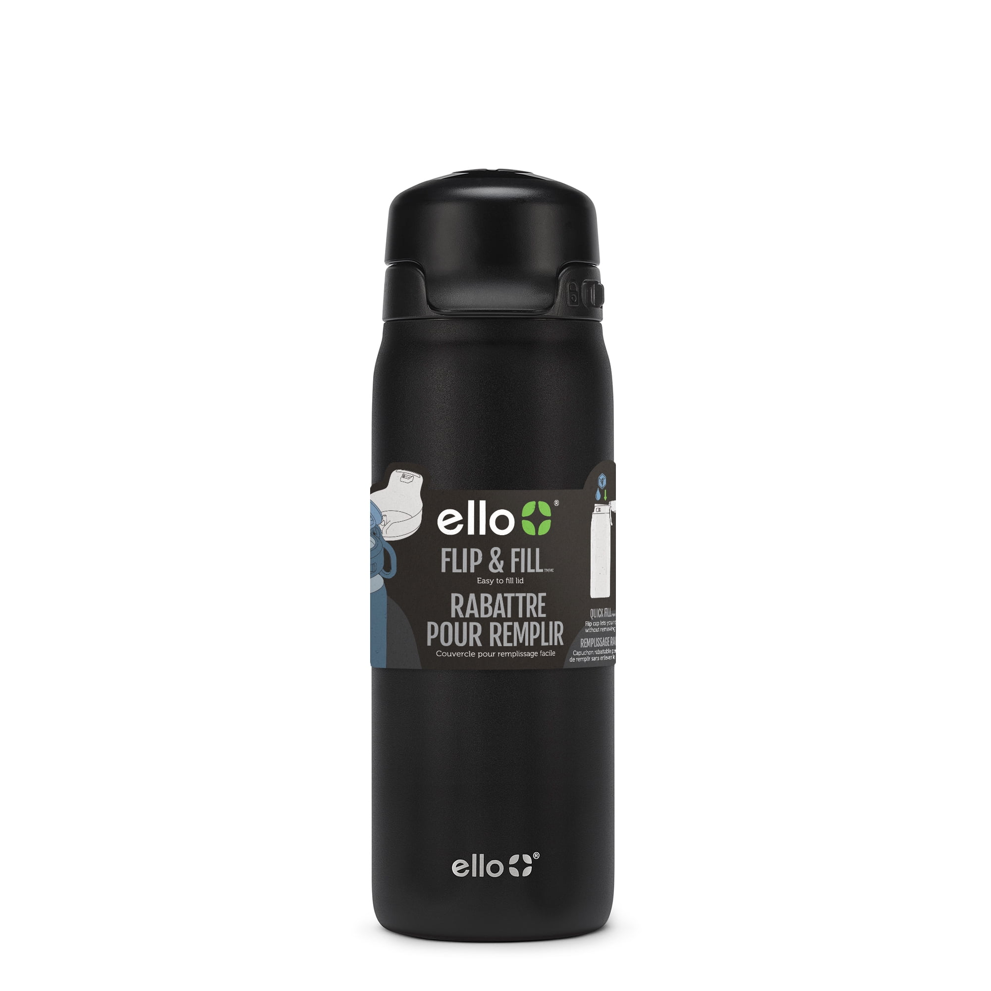 Ello 18 oz Flip & Fill Black Stainless Steel Water Bottle