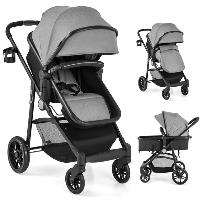 Babyjoy 2 in 1 Foldable Baby Stroller Kids Travel Newborn Infant Buggy Pushchair 22 lbs Gray three-quarter view of foldable aluminum-frame stroller with wide multi-position recline seat, adjustable backrest and canopy, removable foot cover, five-point harness, linked foot brake and large under-basket for storage.