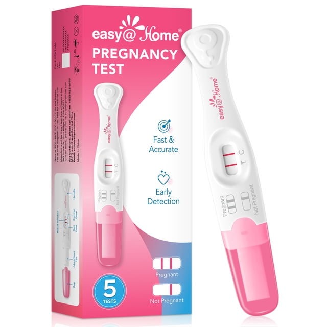 Easy@Home Pregnancy Tests Pregnancy Test Sticks: Early Detection- Easy to Use at Home Rapid Result - with Curved Handle | 5 Pack - EZW1-MA-5. The image displays a pregnancy test stick with a curved handle and pink tip, next to its packaging. The packaging emphasizes features like fast and accurate results, early detection, and easy-to-read indicators. Two lines signify a positive result, while one line signifies a negative result. Designed for convenience, the test requires no cup and delivers results within 3 to 5 minutes.