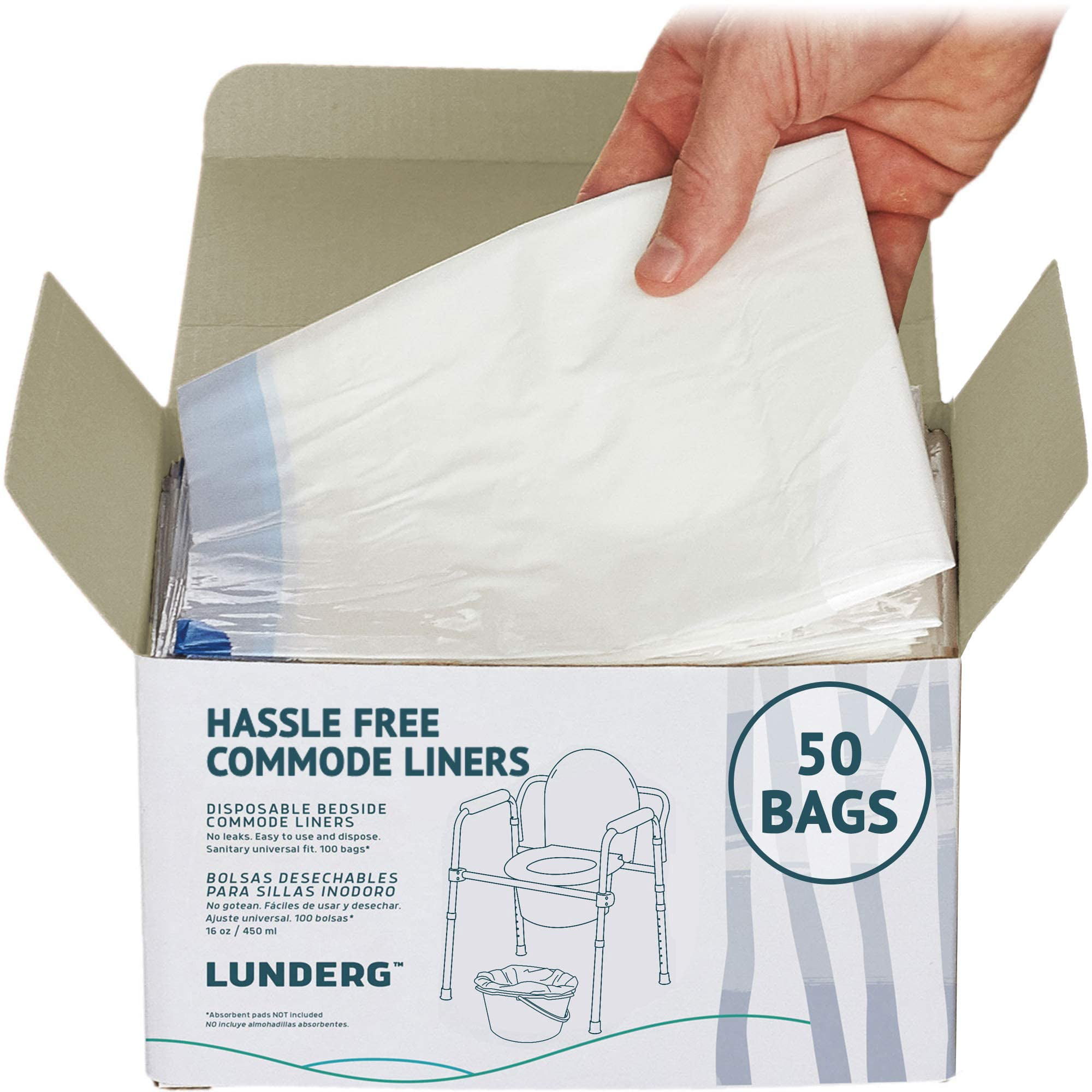 Lunderg Doublures de Commode - Paquet Économique 50 Unités Ajustement Universel - Doublures de Commode de Chevet Jetables pour Chaise de Commode pour Adulte, Sacs de Toilette Portatifs Ou Sacs de Toilette de Camping