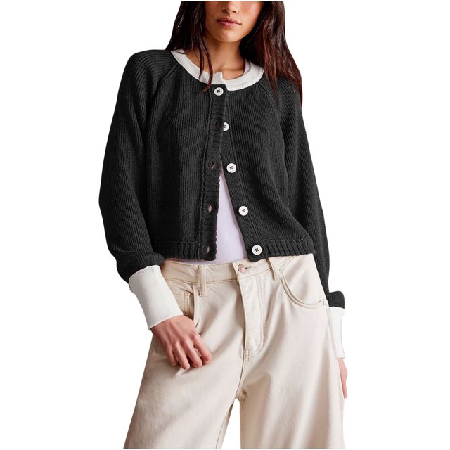 Penkiiy Womens Cropped Cardigan Sweaters Button Down Open Front Long Sleeve Fall Trendy Color Block Knit Coats M Black