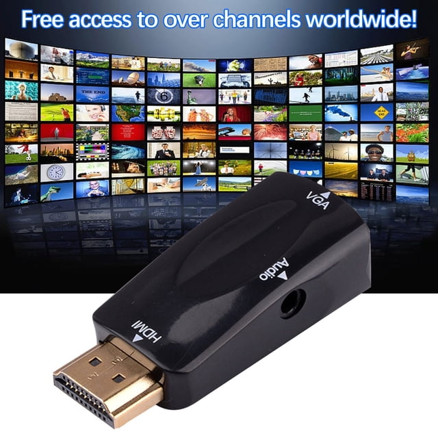 Vrorvz Récepteur de Mise en Miroir d'Écran Sans Fil à Installation Facile, Appareil de Diffusion Télé compact et Discret compatible avec Tous les Modèles de Télé, Y Compris les Anciens. Les Fonctionnalités Incluent une Résolution 1080p, une Installation Rapide en Moins de 2 minutes et des Jeux Intégrés pour Jouer sur un Écran Plus Grand. l'Image Montre l'Appareil Noir compatible HDMI avec des ports VGA et audio, sur un Arrière-Plan de Multiples Chaînes Télé Affichées sur un Écran Incurvé.