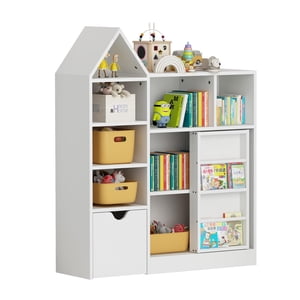 BeesClover Organisateur de bibliothèque et de rangement de jouets pour enfants, étagère de livre d'armoire d'angle avec garde-robes et tiroirs de rangement, 3-in-1 Grande bibliothèque pour enfants Montessori pour salle de jeux, chambre pour enfants, salon