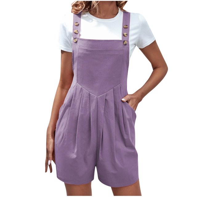 hoksml Women Overalls Solid Color Pocket Button Sleeveless Jumpsuit Pleated Bodysuit Playsuit Summer Rompers 2025 on Clearance