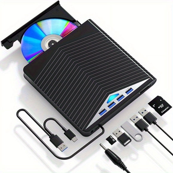 JUNWELL Ultra-Slim Type C CD/DVD Drive - All-in-One Portable Player & Burner with 4 USB Ports SD/TF Card Support High-Speed Connectivity for Effortless Media Enjoyment