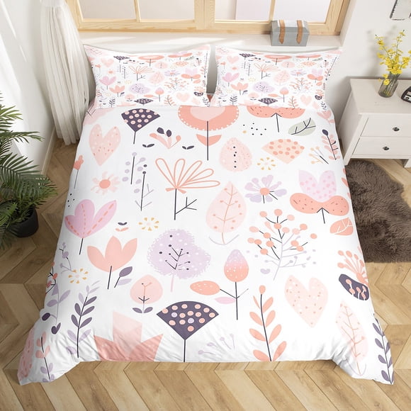 Girls Flower Duvet Cover Cute Aesthetic Watercolor Botanical Plants Bedding Set Full for Kids Kawaii Room Decor - 1 Bed Cover 2 Pillowcases
