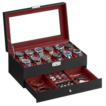 SONGMICS 12-Slot Watch Box, Lockable Watch Case with Glass Lid, 2 Layers, Black Synthetic Leather, Wine Red Lining