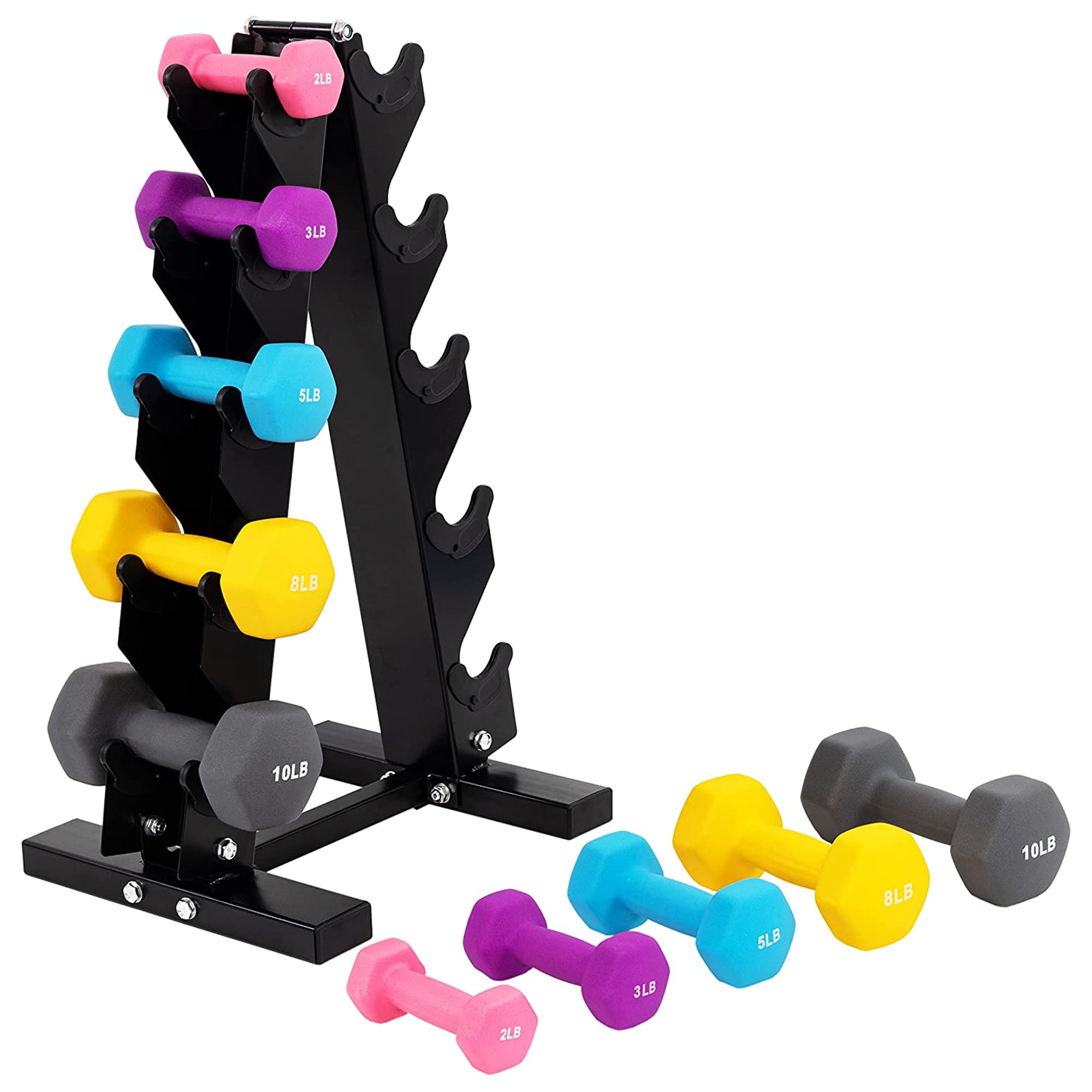 BalanceFrom 56 lb Neoprene Coated Iron Dumbbell Hex Weights Set with Stand, Color-Coded