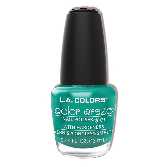 COLOR CRAZE NAIL POLISH - CURACAO by L.A. COLORS, 13 ml bottle of turquoise nail polish with hardeners, clear glass base and black matte cap, providing vibrant, durable color ideal for nails on any occasion.