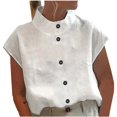 thumbnail image 1 of Yuyuzo Womens Plus Size Cotton Linen Tops High Neck Button down Shirts Oversized Short Sleeve Comfy Tops, 1 of 6