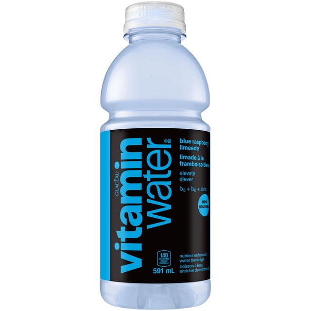 Glaceau Vitamin Water Elevate 591 mL clear plastic bottle with blue raspberry limeade flavor, labeled with vitamins A, B, C, and E plus zinc, nutrient-enhanced water beverage suitable for hydration and vitamin supplementation.