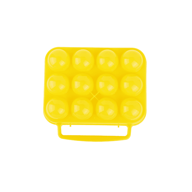 Coghlan's 12-Count Egg Holder in bright yellow durable plastic with 12 rounded compartments for extra-large eggs, featuring a molded handle for easy carrying, ideal for camping, travel, and fridge organization to protect eggs during transport.