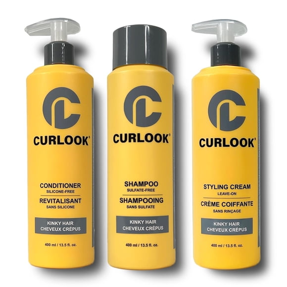 Curlook Ensemble pour Cheveux Kinky-Coily / Shampooing, Revitalisant et Crème Coiffante Sans Rinçage / Sans Sulfate, Sans Silicone / 400 ml (13,5 oz) par Bouteille / Fabriqué au Canada Curl