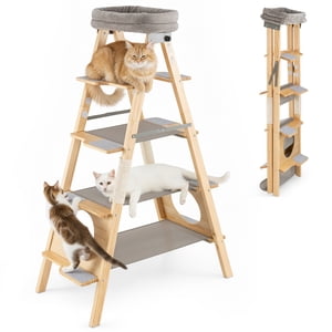 Gymax Moderne bois arbre de chat pliable chat d'escalade meubles avec conception d'échelle naturel