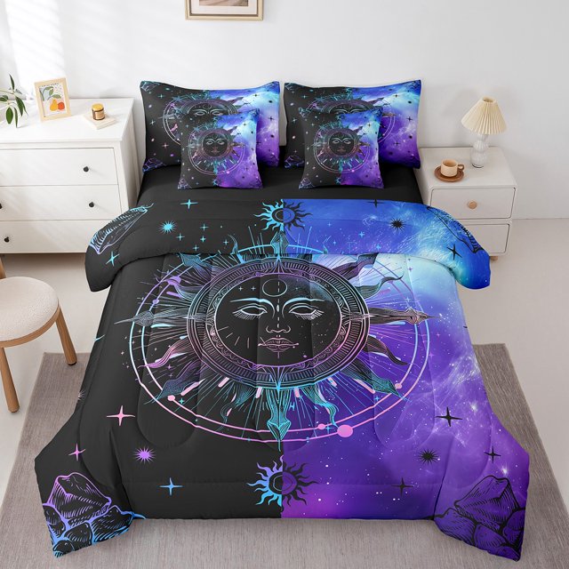 YST 7-Piece Blue Black Sun and Moon Comforter Set, Boho Galaxy Celestial, Twin Size