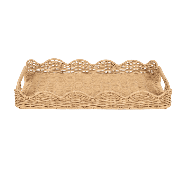 Better Homes & Gardens Serving Tray in natural brown resin rattan with metal frame, featuring integrated handles and scalloped edges, measuring 20.7 inches long by 14.4 inches deep by 2.6 inches high, suitable for serving drinks, snacks, or organizing tabletop essentials indoors or on the patio.