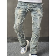FcBaudy Full Length Pants Jeans Men's Light Blue Quilting Ripped Jeans Zipper Wash Elastic Trend Outdoors Denim Trousers Men Denim Pants