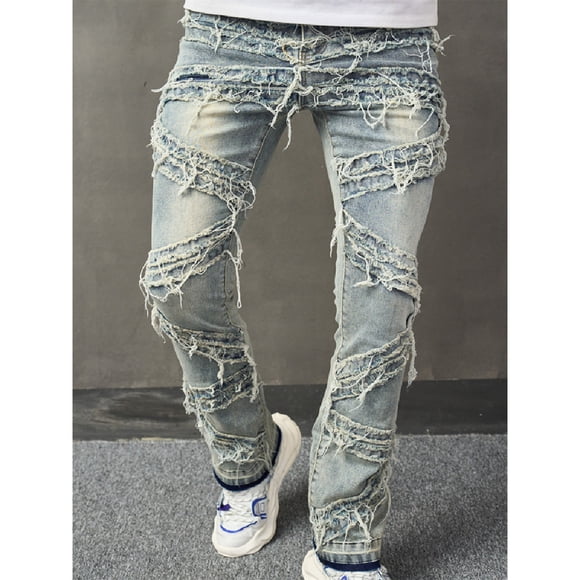 EGNMCR Jeans for Men, Men's Elastic Waist Loose Fit Denim Pants, Mens Pull On Jeans Men's Light Blue Quilting Ripped Jeans Zipper Wash Elastic Trend Outdoors Denim Trousers Men Denim Pants