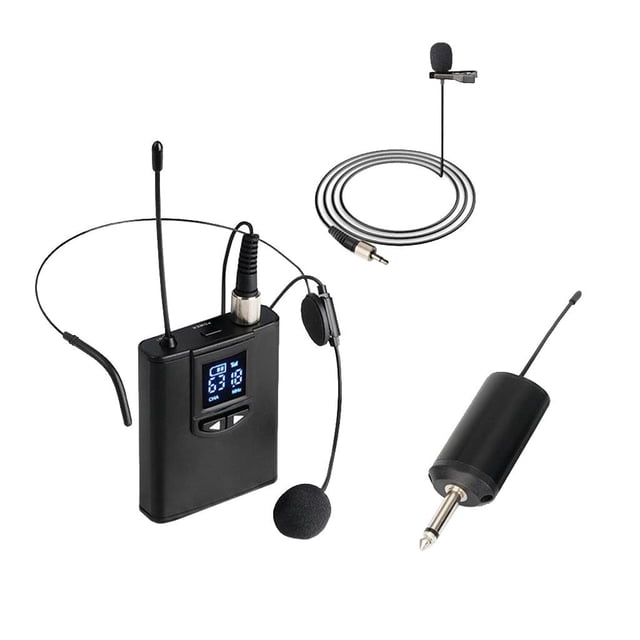 Microphone-casque Sans Fil Microphone à Revers pour la Parole des Enseignants, Doté d'Un Système de modulation de Fréquence Numérique avec une Plage de Fréquence de 500 MHz à 980 MHz. Comprend un Microphone-Casque, Microphone à Revers, Récepteur rechargeable et un Émetteur compact avec un Affichage Intégré. Conçu pour les Prestations en Direct, les Conférences en public et l'Enregistrement en studio. Offre une distance de transmission jusqu'à 328 Pieds, Faible Bruit et transmission de signal stable. Alimenté par une Batterie rechargeable Intégrée Offrant jusqu'à 10 Heures d'Utilisation pour l'Émetteur