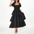thumbnail image 2 of yoeyez Robes d'Été pour Femmes à Manches Courtes Volantées, Encolure Carrée, Robe Midi Smockée, à Étages, Plage, Vacances, Fluide, Coupe Évasée, Noir, G, 2 of 7