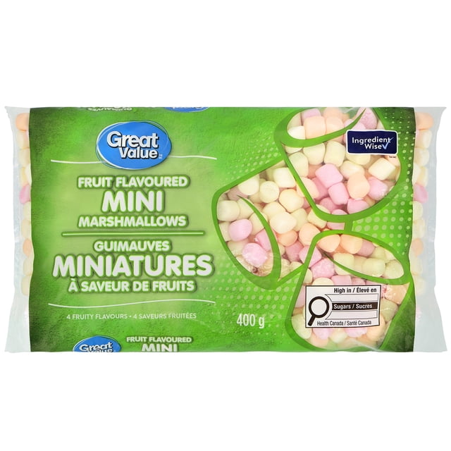 Great Value Mini Guimauves Aromatisées aux Fruits Sac de 400 g avec Mini Guimauves pastel Citron, orange, Fraise et lime, Visibles à Travers un Emballage Vert Présentant des Étiquettes de Teneur en Sucre d'Ingrédients Wise et Health Canada, Convient aux Collations, à la Pâtisserie et aux Garnitures de Desserts.